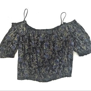 Free People Black Floral Cold Shoulder Crop Top